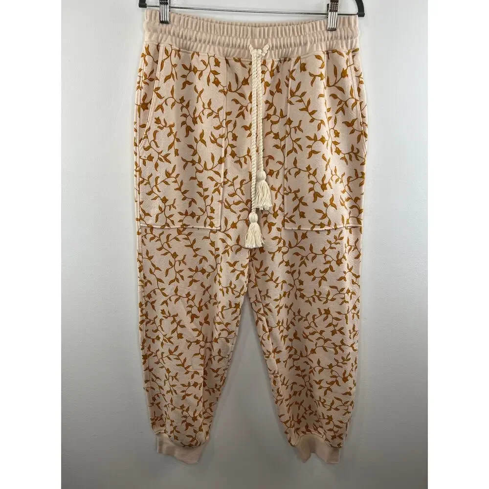 ULLA JOHNSON Cream Brown Drawstring Waist Floral Rose Charley Pant Size L NEW